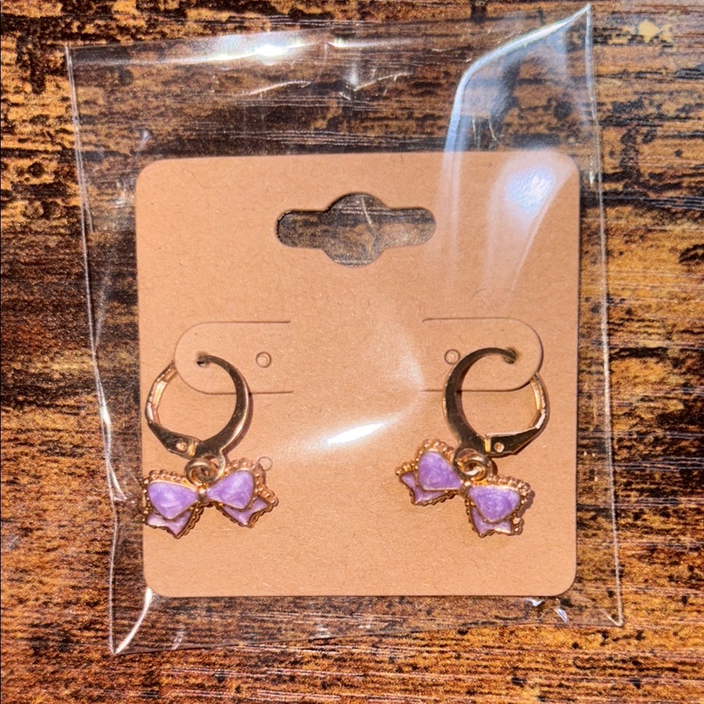 Gold Hoop Earrings with Purple Bow Charms